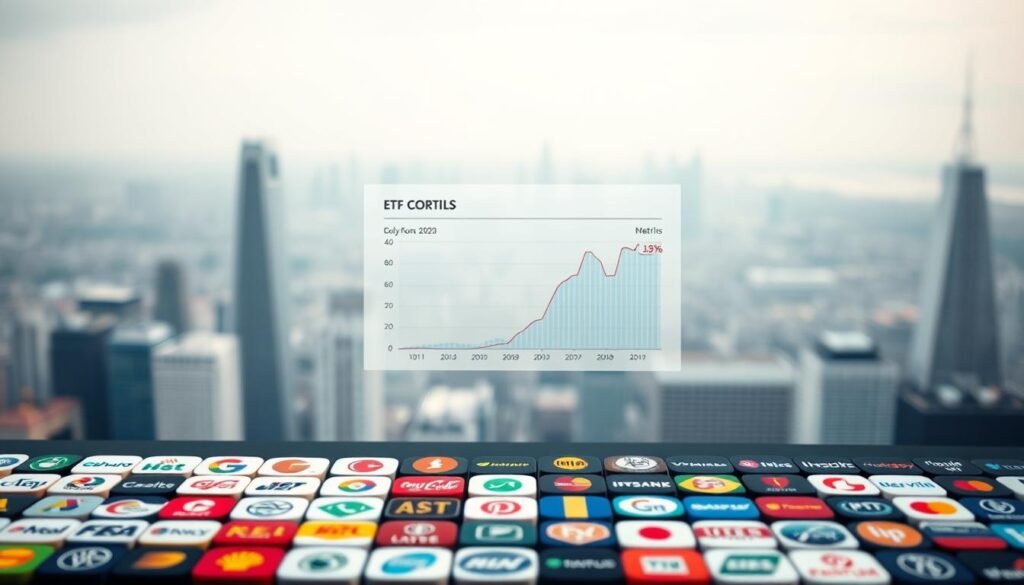 A meticulously crafted image depicting the diverse holdings of a well-diversified ETF portfolio. In the foreground, a neatly arranged grid of colorful, recognizable company logos representing the various sectors and industries that make up the fund's investments. The middle ground features a clean, minimalist chart displaying key fund metrics and performance data, presented in a clear, easy-to-understand format. The background showcases a serene, out-of-focus cityscape, representing the long-term, low-risk nature of the investment. The lighting is soft and diffused, creating a sense of sophistication and professionalism, while the camera angle is slightly elevated to convey a sense of authority and expertise.
