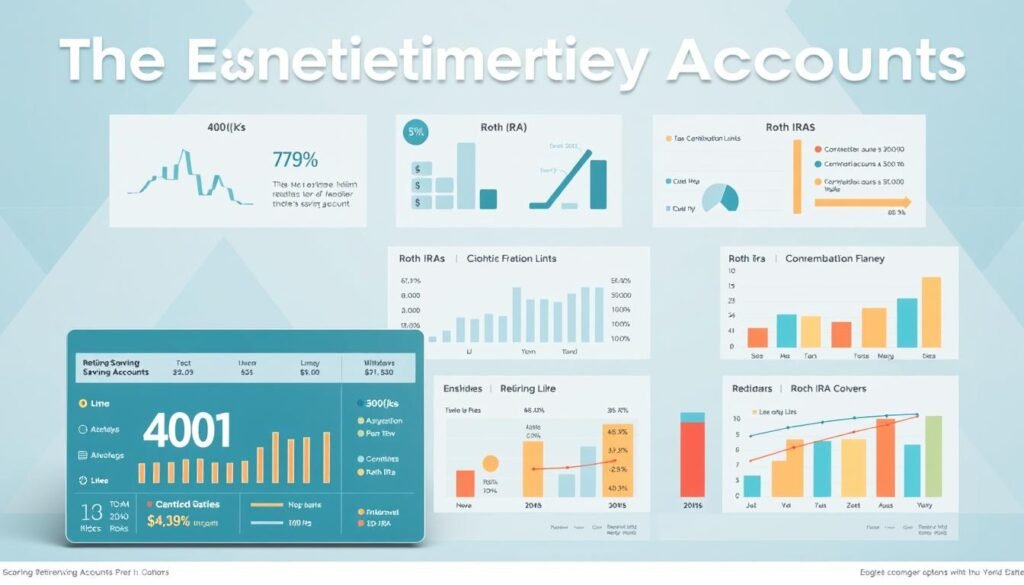 A meticulously designed infographic showcasing the essential retirement savings accounts in the United States. In the foreground, a sleek financial dashboard displays key details about popular options like 401(k)s, IRAs, and Roth IRAs, illustrated with crisp icons and clear typography. In the middle ground, thoughtfully arranged graphs and charts provide at-a-glance comparisons of contribution limits, tax advantages, and withdrawal rules. The background features a muted geometric pattern in soothing shades of blue, evoking a sense of security and stability. Rendered with a high-quality, photorealistic style using a wide-angle lens, the image conveys a sophisticated, data-driven approach to understanding the best retirement savings accounts.