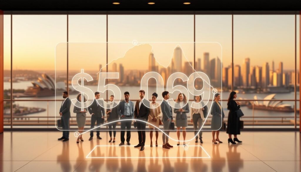 A meticulously detailed 3D illustration depicting the median pay for international students in Australia, set against a sleek, modern backdrop. The foreground showcases a holographic data visualization, presenting the numerical value of the median salary in a clean, minimalist style. The middle ground features a group of diverse, well-dressed international graduates, conveying a sense of professionalism and global representation. The background is a panoramic view of the Sydney skyline, bathed in warm, golden lighting to create a sense of prosperity and opportunity. The entire scene is rendered with a high level of photorealism, using precise lighting, textures, and camera angles to create a striking and informative visual. A meticulously detailed 3D illustration depicting the median pay for international students in Australia, set against a sleek, modern backdrop. The foreground showcases a holographic data visualization, presenting the numerical value of the median salary in a clean, minimalist style. The middle ground features a group of diverse, well-dressed international graduates, conveying a sense of professionalism and global representation. The background is a panoramic view of the Sydney skyline, bathed in warm, golden lighting to create a sense of prosperity and opportunity. The entire scene is rendered with a high level of photorealism, using precise lighting, textures, and camera angles to create a striking and informative visual.