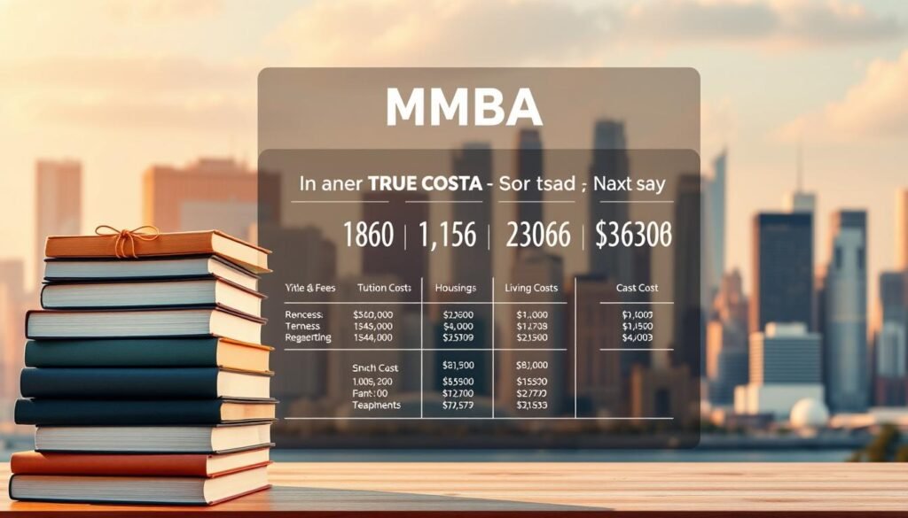 A meticulously detailed illustration of the true costs of pursuing an MBA in the United States. In the foreground, a stack of textbooks, laptops, and other academic materials symbolize the educational expenses. In the middle ground, a breakdown of tuition, fees, housing, and living costs presented in a clean, infographic-style layout. In the background, a city skyline with towering skyscrapers, representing the prestige and career opportunities an MBA can unlock. The scene is bathed in a warm, golden light, conveying a sense of financial planning and strategic foresight. The overall mood is one of informed decision-making, as the viewer gains a comprehensive understanding of the monetary investment required for an MBA program in the USA.