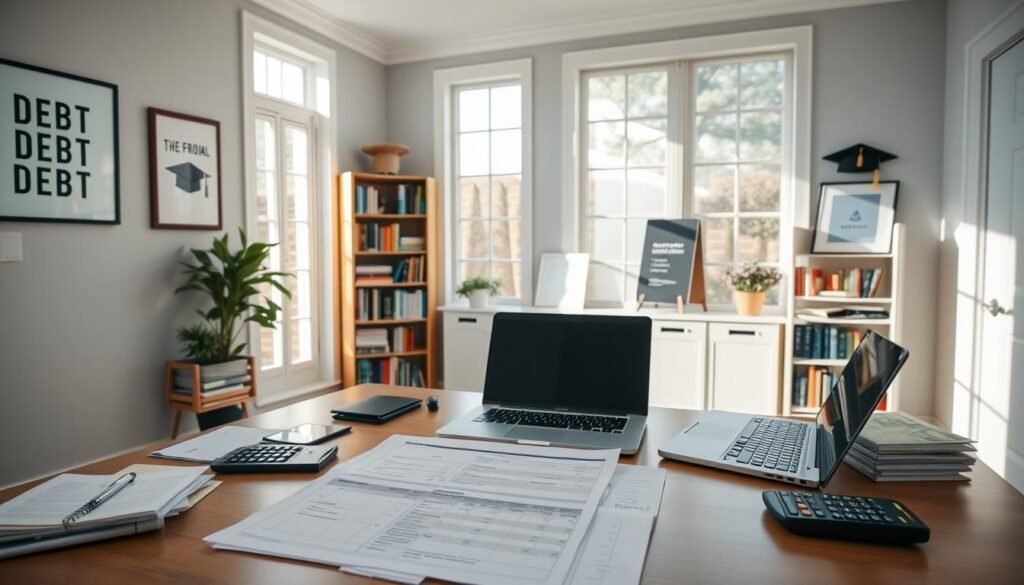 A meticulously organized home office, illuminated by natural light streaming through large windows. On the desk, a detailed debt management plan lays open, surrounded by a laptop, calculator, and neatly stacked financial documents. The walls are adorned with motivational artwork, reflecting a sense of purposeful financial control. In the background, bookshelves filled with personal finance guides and a framed diploma symbolize the graduate's journey towards financial literacy. The scene conveys a calm, focused atmosphere, where the graduate methodically navigates their debt management strategy with confidence and determination. A meticulously organized home office, illuminated by natural light streaming through large windows. On the desk, a detailed debt management plan lays open, surrounded by a laptop, calculator, and neatly stacked financial documents. The walls are adorned with motivational artwork, reflecting a sense of purposeful financial control. In the background, bookshelves filled with personal finance guides and a framed diploma symbolize the graduate's journey towards financial literacy. The scene conveys a calm, focused atmosphere, where the graduate methodically navigates their debt management strategy with confidence and determination.
