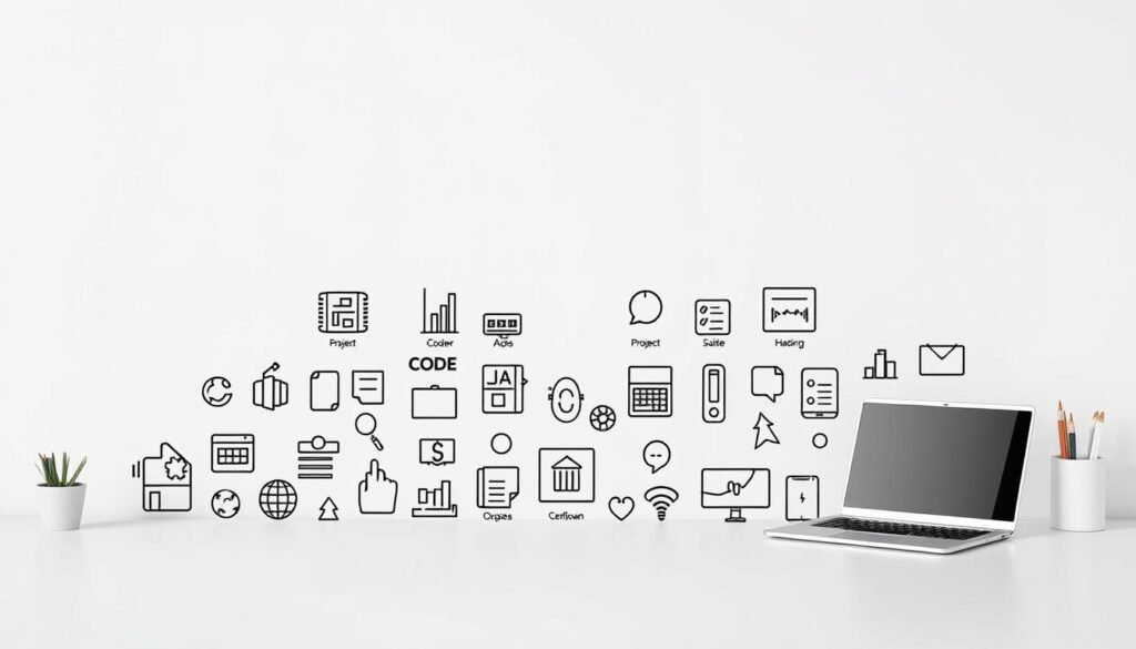 A minimalist and sleek visual representation of essential skills, tools, and certifications that modern professionals need to stand out in the job market. Set against a clean, neutral backdrop, the foreground features a neatly arranged display of icons and symbols depicting in-demand abilities such as data analysis, project management, coding, digital marketing, and language proficiency. The middle ground showcases a variety of productivity apps, software suites, and online learning platforms, while the background subtly hints at the remote work environment with simple office supplies and a laptop. The overall composition conveys a sense of focus, organization, and the versatile skillset required for successful remote careers.