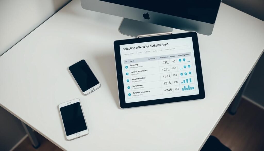 A minimalist office setting with a white desk, a desktop computer, and a smartphone. On the desk, a list of selection criteria for budgeting apps is displayed on a tablet or laptop screen, with icons and charts visualizing the data. The lighting is soft and diffused, creating a calm and focused atmosphere. The background is blurred, emphasizing the desk and the displayed information. The camera angle is slightly elevated, giving a bird's-eye view of the workspace, conveying a sense of organization and professionalism.
