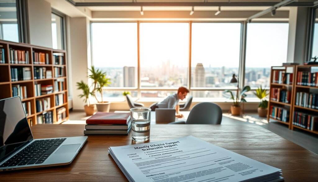 A modern, airy office space with natural light streaming in through large windows. In the foreground, a wooden desk with a laptop, a stack of books, and a glass of water. On the desk, a monthly scholarship support document, its pages neatly organized. In the middle ground, a bookshelf filled with volumes on higher education and career development. The background features a scenic view of a vibrant city skyline, hinting at the opportunities available to scholarship recipients in Germany. The overall atmosphere conveys a sense of focus, academic excellence, and the promise of a brightly-lit future.