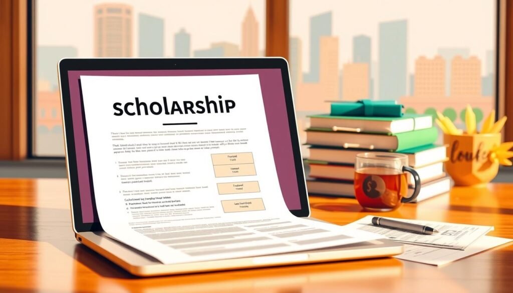 A modern and informative scholarship application illustration with a clean, educational feel. In the foreground, an open laptop showcases a scholarship application form, with financial aid documents neatly arranged around it. The middle ground features a stack of books, a calculator, and a cup of coffee, hinting at the academic and financial components of the process. The background depicts a stylized cityscape, suggesting the broader educational landscape. Warm, natural lighting illuminates the scene, creating a sense of focus and productivity. The overall composition conveys the key elements of scholarship applications and financial aid, inspiring and guiding the viewer through the process. A modern and informative scholarship application illustration with a clean, educational feel. In the foreground, an open laptop showcases a scholarship application form, with financial aid documents neatly arranged around it. The middle ground features a stack of books, a calculator, and a cup of coffee, hinting at the academic and financial components of the process. The background depicts a stylized cityscape, suggesting the broader educational landscape. Warm, natural lighting illuminates the scene, creating a sense of focus and productivity. The overall composition conveys the key elements of scholarship applications and financial aid, inspiring and guiding the viewer through the process.