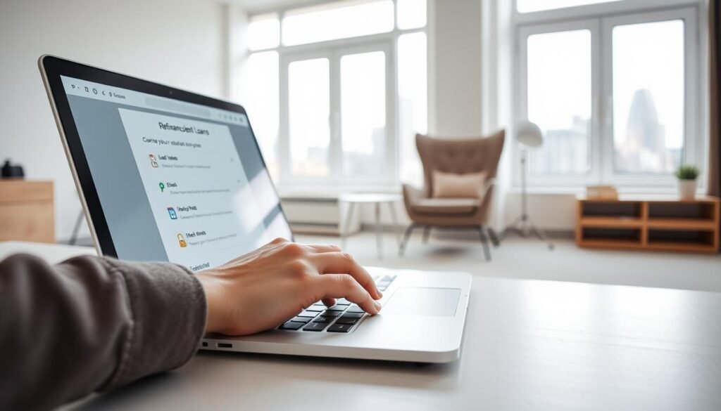 A modern and minimalist image of a person using a laptop to refinance their student loans. In the foreground, a hand types on a sleek silver laptop with a clean, uncluttered desktop. The laptop screen displays a simple interface with loan details and refinancing options. The middle ground features a neutral-toned, well-organized home office setting, with a comfortable chair and natural light streaming in through large windows. The background suggests an urban skyline, conveying a sense of financial security and opportunity. The lighting is soft and diffused, creating a calming, professional atmosphere. The overall impression is one of efficiency, control, and the empowerment of taking charge of one's financial future.