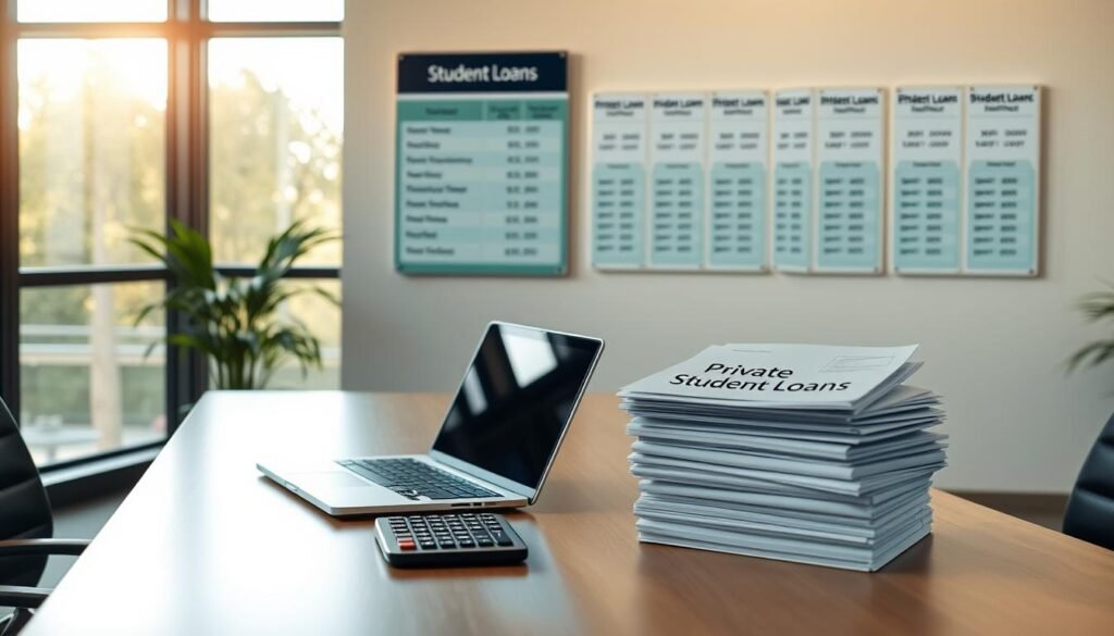 A modern, clean-lined office desk with a laptop, calculator, and a stack of papers labeled "Private Student Loans". Warm natural lighting filters through large windows, casting a soothing glow. In the background, a wall-mounted display showcases various loan options and interest rates, presenting a comprehensive overview. The overall atmosphere evokes a sense of professionalism, financial responsibility, and an emphasis on personalized guidance for the prospective student loan borrower. A modern, clean-lined office desk with a laptop, calculator, and a stack of papers labeled "Private Student Loans". Warm natural lighting filters through large windows, casting a soothing glow. In the background, a wall-mounted display showcases various loan options and interest rates, presenting a comprehensive overview. The overall atmosphere evokes a sense of professionalism, financial responsibility, and an emphasis on personalized guidance for the prospective student loan borrower.