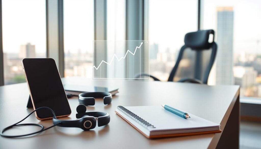 A modern, clean-lined workspace with a sleek, minimalist desk and ergonomic chair. In the foreground, a smartphone, wireless headphones, and a notebook with a pen convey the tools of the digital budgeting age. In the middle ground, a stylized graph or chart visualizes financial data, hinting at the analytical aspects of personal finance management. The background features a large window with a cityscape view, bathing the scene in warm, natural light and evoking a sense of progress and possibility. The overall mood is one of organization, focus, and a balanced approach to money management.