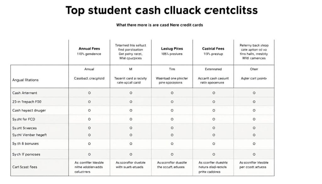 A modern, clean-looking comparison table showcasing the key features and benefits of top student cash back credit cards. The table should be prominently displayed, taking up the majority of the frame, with a minimalist white or light-colored background. The table columns should neatly highlight details like annual fees, cash back rates, sign-up bonuses, and other relevant details students would consider. The overall aesthetic should convey a sense of clarity, professionalism, and utility to help students quickly assess their best options at a glance.