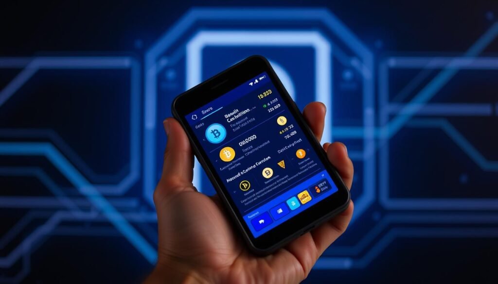 A modern digital cryptocurrency wallet in the foreground, with a glowing, vibrant display showcasing various cryptocurrency icons and transaction details. The wallet is held in the palm of a human hand, highlighting its portability and accessibility. The middle ground features a minimalist, high-tech background with clean lines and subtle gradients, suggesting a secure, futuristic digital environment. The background is dimly lit, creating a sense of focus and emphasizing the wallet as the central element. The overall mood is one of technological sophistication, financial security, and the convenience of managing digital assets on-the-go.