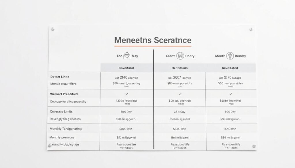 A modern, minimalist comparison chart displaying key details about different renters insurance policies, set against a clean, light background. The chart features simple icons, bold typography, and clear side-by-side policy comparisons on factors like coverage limits, deductibles, and monthly premiums. The layout is professional and organized, with sufficient white space to make the information easy to digest. Subtle, muted color accents complement the overall sleek, informative aesthetic. The entire scene is captured with a slightly elevated camera angle, creating a sense of clarity and focus on the key decision-making elements.