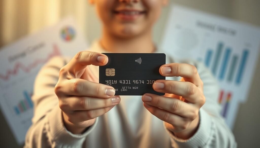 A modern, minimalist composition of a young person's hands securely grasping a shiny metal credit card, set against a blurred background of financial documents and graphs. Soft, warm lighting casts a gentle glow, conveying a sense of financial empowerment and control. The card's surface reflects the viewer, symbolizing the personal investment in building credit. Depth of field emphasizes the card as the focal point, while peripheral details provide context without distracting from the central message.
