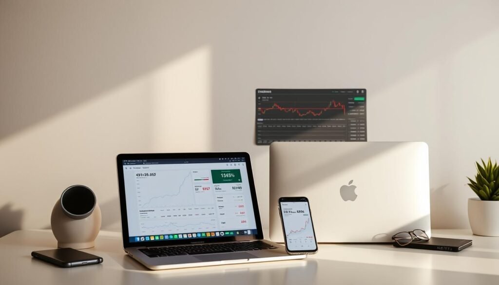 A modern, minimalist desktop scene with a laptop, tablet, and smartphone arranged neatly, showcasing various investment apps and financial data. The devices are bathed in warm, natural lighting, conveying a sense of productivity and focus. In the background, a clean, white wall with a subtle, geometric pattern adds visual interest. The overall atmosphere is one of sleek, professional elegance, reflecting the "Editor's top picks" for beginner investors. A modern, minimalist desktop scene with a laptop, tablet, and smartphone arranged neatly, showcasing various investment apps and financial data. The devices are bathed in warm, natural lighting, conveying a sense of productivity and focus. In the background, a clean, white wall with a subtle, geometric pattern adds visual interest. The overall atmosphere is one of sleek, professional elegance, reflecting the "Editor's top picks" for beginner investors.