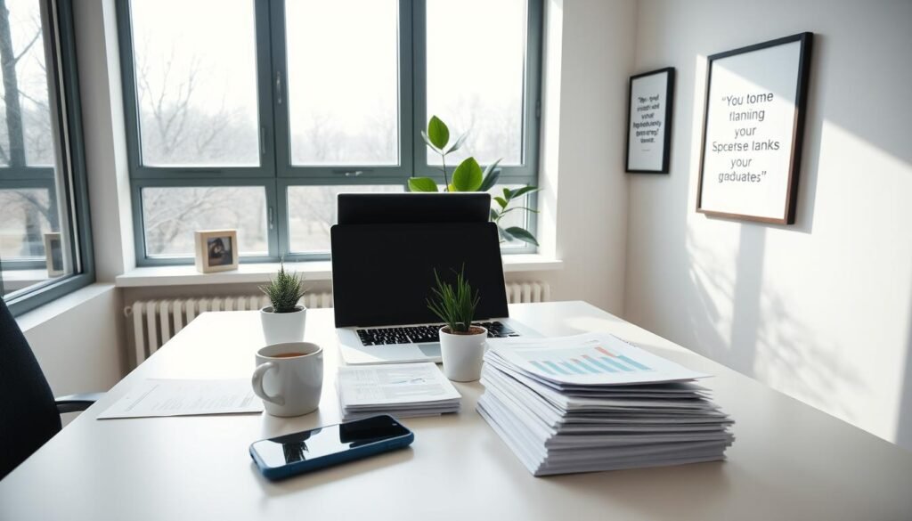 A modern, minimalist home office with natural lighting filtering through large windows. On the desk, a laptop, a mobile phone, and a stack of financial documents, conveying the task of budgeting. A small potted plant and a mug of coffee add personal touches. The walls are adorned with framed motivational quotes, hinting at the importance of financial planning for recent graduates. The overall atmosphere is one of productivity, focus, and a sense of a secure financial future.