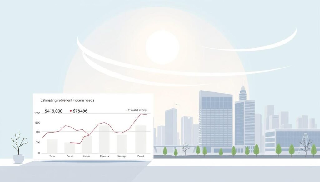 A modern, minimalist illustration depicting the concept of "estimating retirement income needs" in Canada. In the foreground, a clean, geometric chart or graph displays key financial metrics such as projected income, expenses, and savings. The middle ground features a serene, sun-dappled cityscape with sleek, contemporary architecture, conveying a sense of financial security and stability. The background showcases a calm, azure sky with wispy clouds, creating an atmosphere of clarity and tranquility. The overall scene is rendered in a soft, muted color palette, with strategic use of light and shadow to enhance the sense of depth and realism. The composition is balanced and visually striking, perfectly capturing the theme of thoughtful, well-planned retirement income estimation.