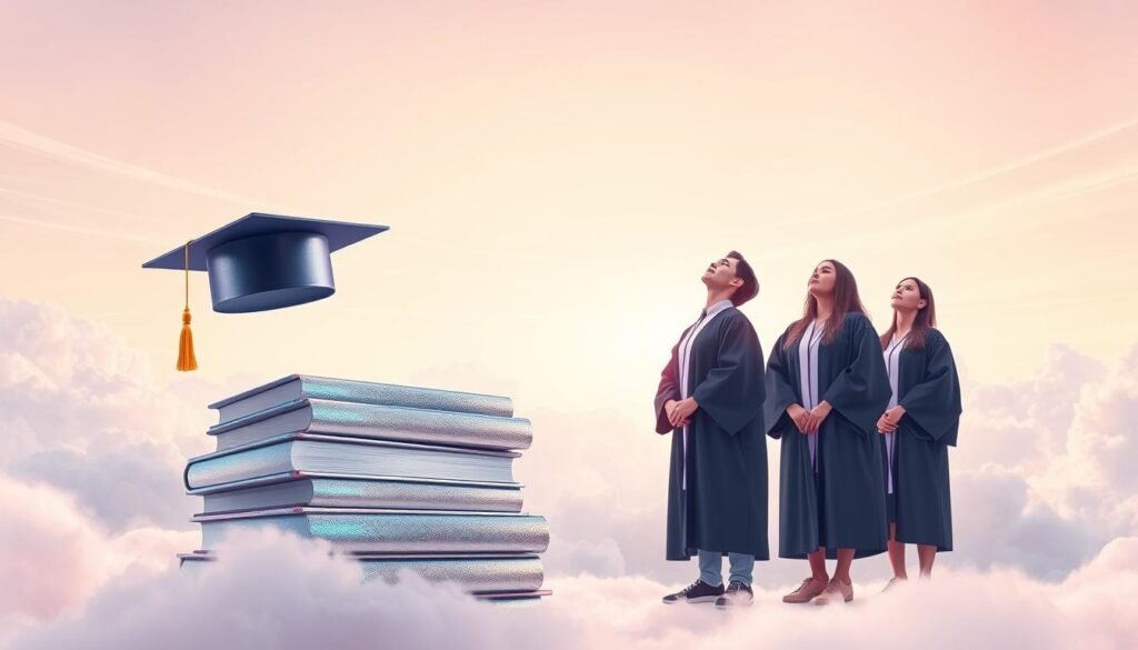 A modern, minimalist illustration of the "Think Big scholarships" concept. In the foreground, a stack of books and an academic cap float against a soft, dreamlike backdrop of swirling clouds and ethereal lighting. The books have a metallic, holographic sheen, symbolizing the prestigious nature of the scholarships. In the middle ground, a trio of students in graduation gowns stand in awe, their gazes lifted upwards with expressions of hope and ambition. The background is a serene, pastel-tinted sky, evoking a sense of limitless potential and opportunity. The overall mood is one of aspiration, achievement, and the transformative power of education.