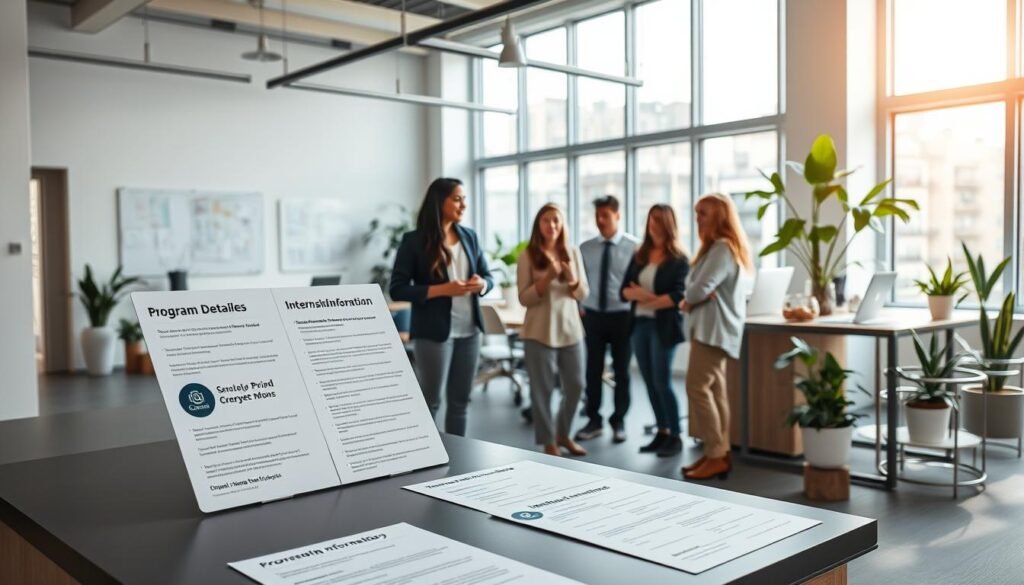 A modern, minimalist office setting with natural lighting streaming through large windows. In the foreground, a sleek desk displays various program details and internship information, arranged neatly. In the middle ground, a group of young professionals engaged in discussion, gesturing towards the desk. The background features a stylish, open-concept workspace with potted plants, whiteboards, and other collaborative elements. The overall atmosphere conveys a sense of professionalism, productivity, and opportunity for personal growth.