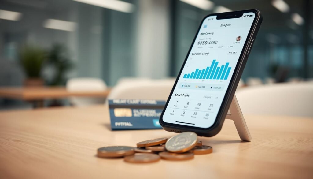 A modern, minimalist scene depicting the concept of "new currency spending control". In the foreground, a smartphone displays a budget tracking app interface, its clean UI and intuitive graphs conveying financial organization. The middle ground features a credit card and various coins, symbolizing the tools of modern budgeting. The background is a blurred, contemporary office setting, suggesting the pragmatic application of these personal finance strategies. Soft, indirect lighting casts a professional, authoritative mood, while a slightly high camera angle adds a sense of oversight and control. Overall, the image communicates the importance of using technology to manage one's finances, especially for international students navigating a new financial landscape in Canada.