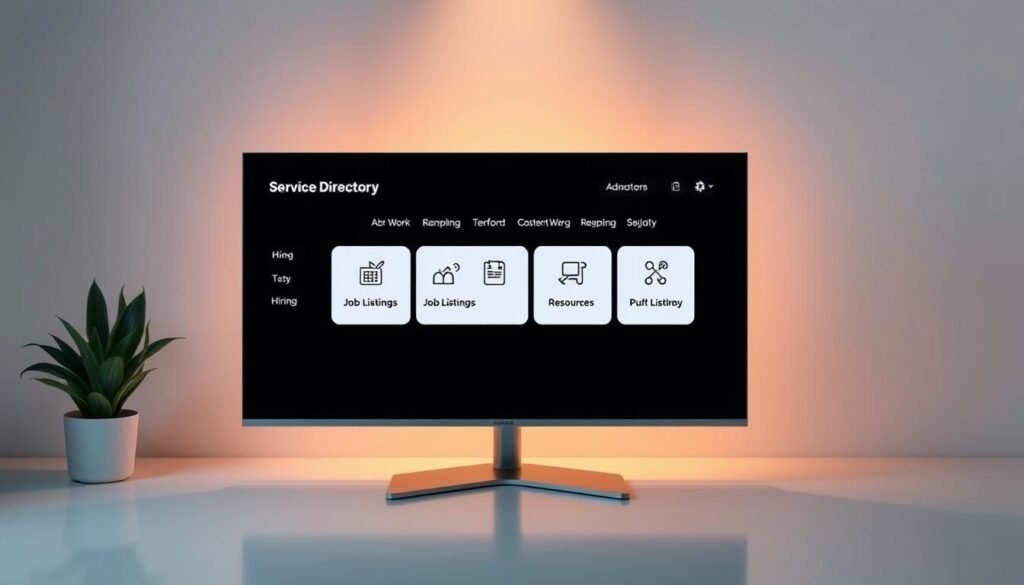 A modern, minimalist service directory displayed on a sleek, flat-screen monitor. The interface features intuitive icons and clean, organized sections for different remote work services in Australia - hiring, job listings, resources, and more. Soft, directional lighting illuminates the screen, creating a warm, inviting atmosphere. The overall aesthetic is sophisticated and professional, reflecting the high-quality remote work opportunities available. The directory's layout is designed for easy navigation, with a balanced composition that draws the eye towards the key information.