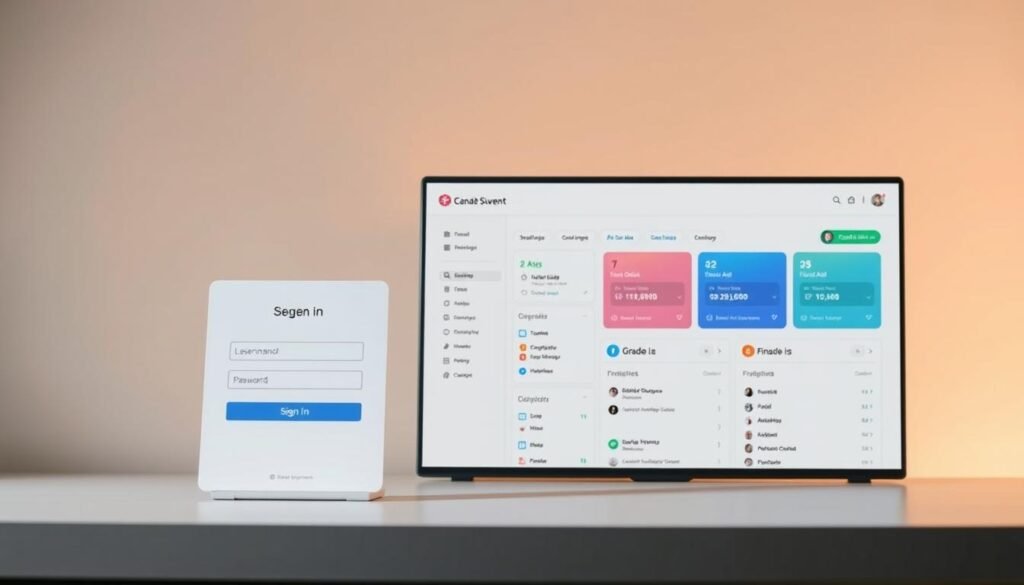 A modern, minimalist student account dashboard with a clean, uncluttered interface. The foreground features a simple login screen with fields for username and password, along with a "Sign In" button. The middle ground showcases a well-organized dashboard displaying essential student information such as class schedules, grades, and financial aid details. The background features a muted, warm-toned gradient, conveying a sense of focus and productivity. The lighting is soft and directional, creating depth and highlighting the key elements. The overall composition suggests a user-friendly, intuitive experience tailored for the needs of a student in Canada.