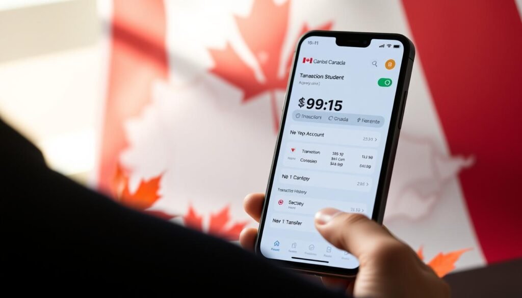 A modern mobile banking app interface displaying a Canadian international student's savings account, with a clean and intuitive design. The foreground features a sleek, minimalist display of the account balance, transaction history, and transfer options. The middle ground showcases a map of Canada with cities highlighted, representing the nationwide reach of the banking service. The background subtly incorporates maple leaves and the Canadian flag, creating a patriotic and welcoming atmosphere for international students. The lighting is soft and warm, creating a sense of trust and security. The overall composition conveys the ease and convenience of managing finances as an international student in Canada.
