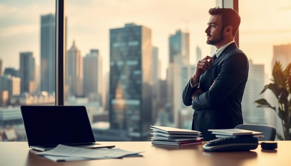 A modern office interior with a large window overlooking a bustling city skyline. In the foreground, a desk with a laptop, a stack of papers, and a calculator, symbolizing the financial industry. The middle ground features a well-dressed professional standing beside the desk, their body language and facial expression conveying deep thought and consideration. The background is softly blurred, creating a sense of focus on the central figure. The lighting is warm and inviting, with natural sunlight filtering through the window, casting a gentle glow on the scene. The overall atmosphere is one of contemplation and strategic planning, reflecting the notion of charting a successful finance career.