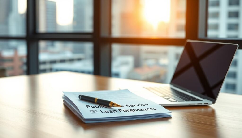 A modern office interior with a large window overlooking a cityscape. On the desk, a laptop, a stack of documents labeled "Public Service Loan Forgiveness", and a pen resting on top. Warm, diffused lighting from the window illuminates the scene, creating a professional and focused atmosphere. The background is slightly blurred, drawing the viewer's attention to the key elements on the desk. The overall composition conveys a sense of diligence, dedication, and the importance of understanding public service loan forgiveness for healthcare workers.