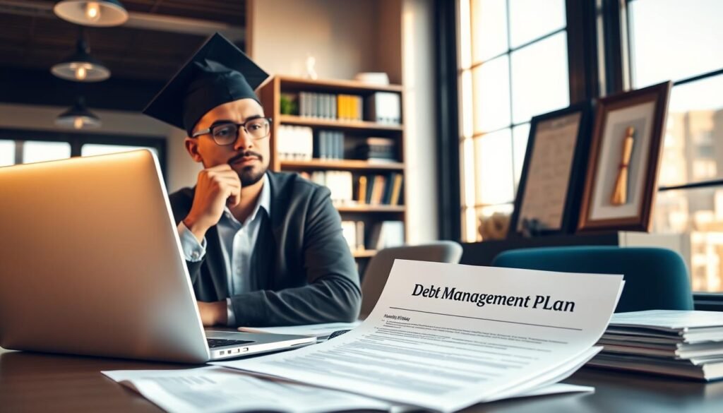 A modern office setting, illuminated by warm, natural lighting filtering through large windows. On the desk, a laptop and various financial documents, including a prominent "Debt Management Plan" form. The foreground features a thoughtful graduate, dressed in professional attire, carefully reviewing the plan, a focused expression on their face. In the background, a bookshelf filled with financial planning resources and a framed diploma on the wall, suggesting the importance of responsible money management post-graduation. The overall atmosphere conveys a sense of purpose, diligence, and the graduate's determination to take control of their financial future. A modern office setting, illuminated by warm, natural lighting filtering through large windows. On the desk, a laptop and various financial documents, including a prominent "Debt Management Plan" form. The foreground features a thoughtful graduate, dressed in professional attire, carefully reviewing the plan, a focused expression on their face. In the background, a bookshelf filled with financial planning resources and a framed diploma on the wall, suggesting the importance of responsible money management post-graduation. The overall atmosphere conveys a sense of purpose, diligence, and the graduate's determination to take control of their financial future.