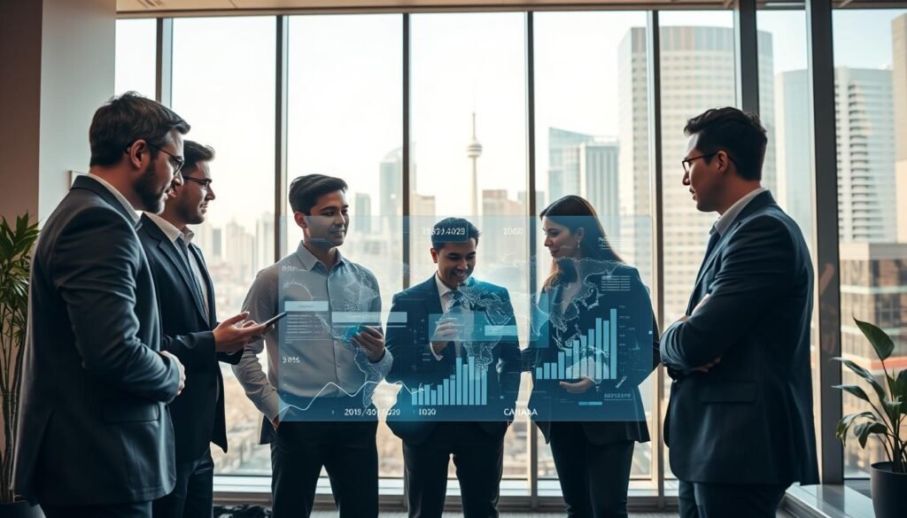 A modern office setting with a bright, airy atmosphere. In the foreground, a diverse group of young professionals engaged in collaborative discussions, representing different finance roles and sectors - an investment banker, a financial analyst, a portfolio manager, and a risk management specialist. In the middle ground, a team huddle around a holographic display, visualizing complex financial data. In the background, floor-to-ceiling windows overlooking the bustling cityscape of downtown Toronto, symbolizing the dynamic financial landscape of Canada. Warm, directional lighting accentuates the professional attire and conveys a sense of productivity and innovation.