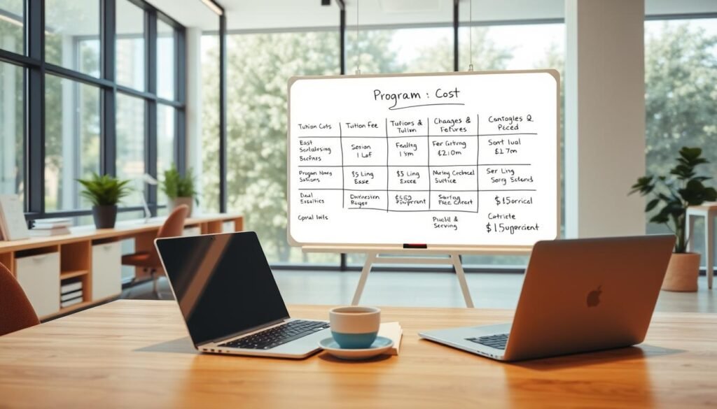 A modern office setting with a clean, minimalist design. In the foreground, a wooden desk with a sleek laptop, a stack of papers, and a cup of coffee. In the middle ground, a large whiteboard displaying a visual breakdown of program costs, including tuition fees, living expenses, and potential scholarships or financial aid. The background features large windows allowing natural light to flood the space, creating a bright and airy atmosphere. The overall mood is professional, informative, and focused on data-driven decision making.