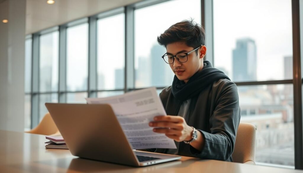 A modern office setting with an international graduate student reviewing private student loan documents on a laptop. The student's expression conveys contemplation and concentration as they analyze the terms and conditions. The background features a subtle skyline view through large windows, suggesting the urban setting. Soft, warm lighting creates a focused atmosphere, drawing attention to the details of the loan paperwork. The composition emphasizes the sense of careful decision-making and the importance of understanding refinancing options for international graduates in Canada.