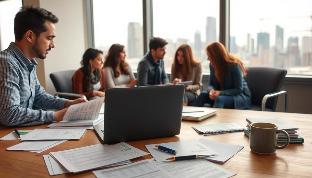 A modern office setting with an international student studying financial documents related to student loans. In the foreground, a laptop and papers scattered on a wooden desk, with a mug of coffee nearby. In the middle ground, a diverse group of students discussing options, their cultural backgrounds evident in their attire. The background features a window overlooking a bustling city skyline, suggesting the global nature of the student loan industry. Soft, warm lighting creates a contemplative atmosphere, highlighting the importance and complexity of the subject matter.