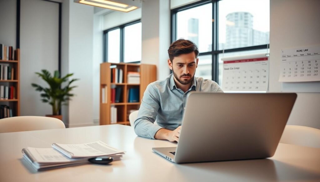 A modern office space, well-lit by large windows and warm overhead lighting. In the foreground, a laptop and some financial documents sit on a clean, minimalist desk. In the middle ground, a person in a collared shirt is focused on the laptop screen, thoughtfully considering their options for student loan consolidation. The background features a bookshelf with finance-related books, and a wall calendar highlighting important dates. The overall atmosphere conveys a sense of contemplation and financial planning, with the direct consolidation loan as the central focus of the scene.
