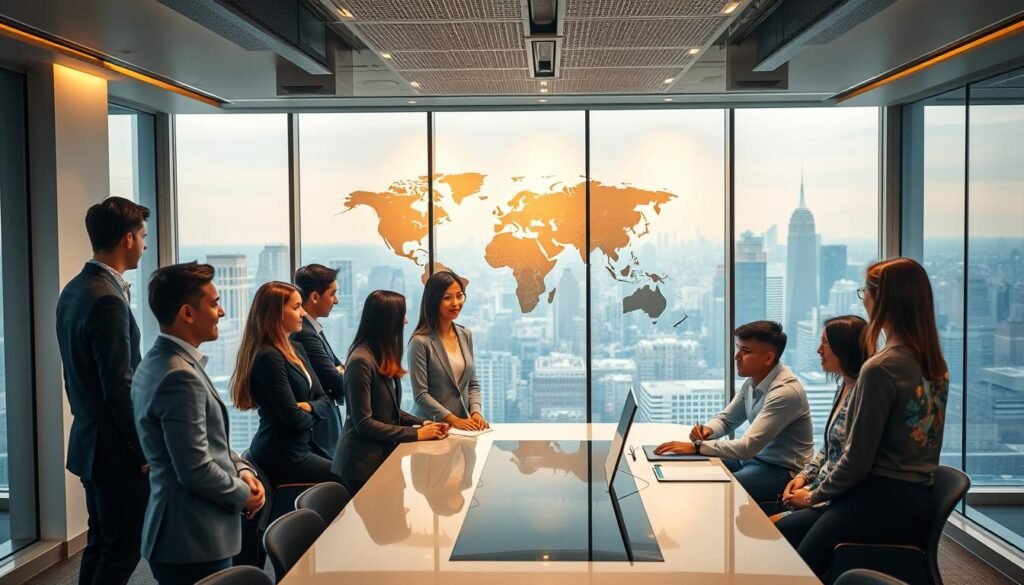 A modern office space with a vibrant international atmosphere. In the foreground, a diverse group of young professionals, dressed in business attire, engaged in collaborative discussions around a sleek conference table. Warm, diffused lighting creates a professional yet welcoming ambiance. In the middle ground, a large world map adorns the wall, highlighting global connectivity. The background features floor-to-ceiling windows, offering a panoramic view of a bustling city skyline, symbolizing the international nature of the programs. The overall scene conveys a sense of opportunity, cross-cultural exchange, and the promise of rewarding internship experiences for international students. A modern office space with a vibrant international atmosphere. In the foreground, a diverse group of young professionals, dressed in business attire, engaged in collaborative discussions around a sleek conference table. Warm, diffused lighting creates a professional yet welcoming ambiance. In the middle ground, a large world map adorns the wall, highlighting global connectivity. The background features floor-to-ceiling windows, offering a panoramic view of a bustling city skyline, symbolizing the international nature of the programs. The overall scene conveys a sense of opportunity, cross-cultural exchange, and the promise of rewarding internship experiences for international students.
