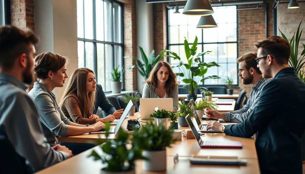 A modern office space with a warm, inviting atmosphere. In the foreground, a group of young professionals engaged in collaborative work, their faces animated as they discuss projects related to the charity sector. The middle ground features stylish desks, plants, and minimalist decor, creating a professional yet cozy environment. In the background, large windows allow natural light to flood the room, casting a soft, diffused glow over the scene. An air of purpose and dedication pervades the space, reflecting the important work being done to support charitable causes.