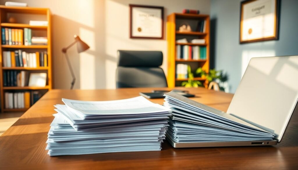 A modern office workspace with a hardwood desk, a laptop, and a stack of documents representing student loan paperwork. The lighting is warm and natural, casting soft shadows across the scene. In the background, a bookshelf filled with educational materials and a framed degree certificate on the wall, conveying a sense of academic achievement and the importance of higher education. The overall atmosphere is one of contemplation and financial responsibility, reflecting the subject of understanding and managing student debt.