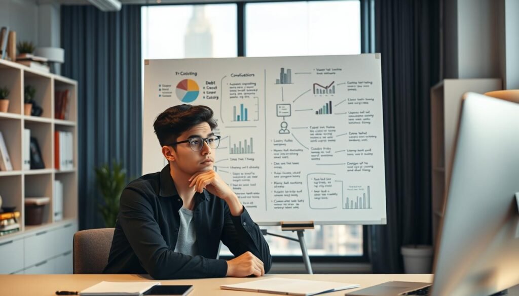 A modern office workspace with a large whiteboard or chalkboard taking up the central focus. On the board, a detailed diagram or infographic showcasing various components of debt consolidation, such as pie charts, bar graphs, and annotated text. In the foreground, a young adult student sitting at a desk, deeply engaged with the information displayed, a pensive expression on their face. The lighting is soft and warm, creating a thoughtful, educational atmosphere. The background features office supplies, bookshelves, and a window overlooking a bustling city skyline, suggesting the importance of debt consolidation in the student's academic and professional future.