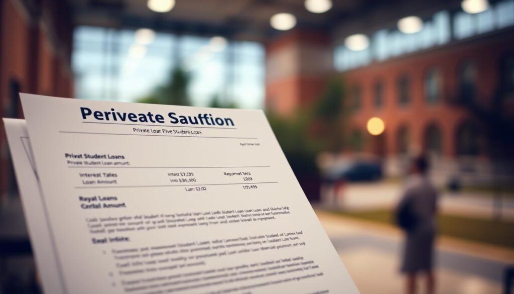 A modern, professional-looking image of a private student loan document. The document is in the foreground, with a clean, minimalist design showcasing key details like interest rates, repayment terms, and loan amount. The background features a blurred, out-of-focus scene of a university campus, conveying the educational context. The lighting is soft and directional, creating depth and highlighting the document's important details. The overall mood is one of informative professionalism, with a subtle sense of security and reliability around the private student loan offering.