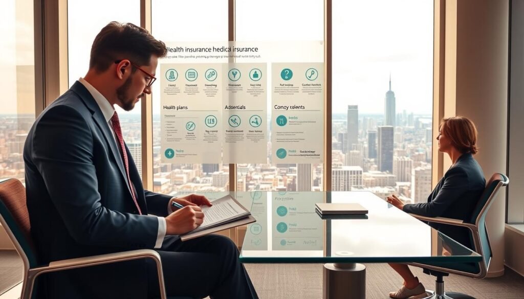 A modern, sleek medical insurance office with floor-to-ceiling windows allowing warm, natural light to filter in. In the foreground, a health insurance agent dressed in a crisp, professional suit sits at a minimalist, glass-topped desk, reviewing documents with a prospective international student client. The middle ground features a wall display showcasing various health plan options, icons, and infographics explaining key coverage details. In the background, a panoramic view of a bustling city skyline, symbolizing the comprehensive healthcare network available to international students in the U.S.