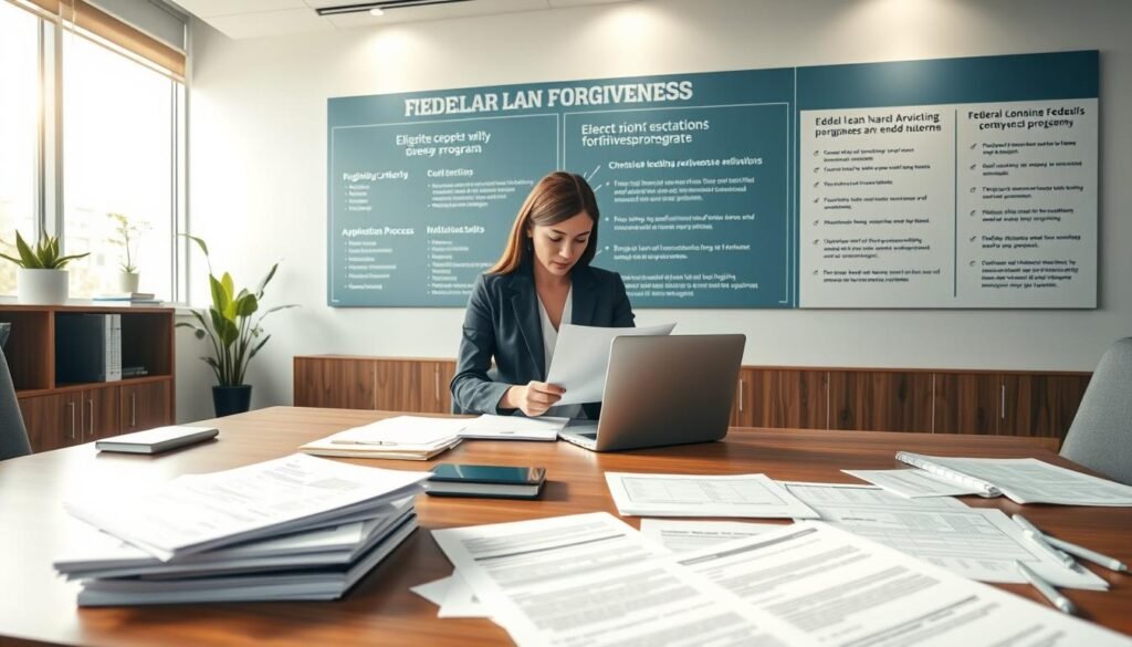 A modern, sleek office setting with a large wooden desk, a laptop, and various financial documents and forms. In the middle ground, a person in business attire is reviewing paperwork related to federal loan forgiveness programs. The background features a wall display showcasing key details about these programs, such as eligibility criteria, application process, and benefits. Soft, directional lighting from a window illuminates the scene, creating a professional and informative atmosphere. The overall composition conveys a sense of understanding and guidance around navigating federal loan forgiveness options for healthcare workers.