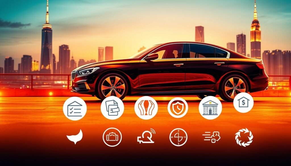 A modern, sleek sedan against a vibrant urban skyline, its glossy surface reflecting the city lights. The car is positioned at a dynamic angle, hinting at its power and agility. The scene is bathed in a warm, golden glow, creating a sense of prestige and sophistication. In the foreground, various insurance icons and logos subtly convey the idea of comprehensive coverage and financial protection. The overall composition evokes a feeling of security, reliability, and the ideal car insurance solution for graduate students in the USA.