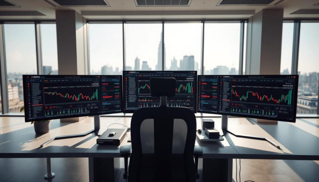 A modern, sleek stock trading platform with a clean, minimalist interface. Situated in a sun-drenched office, large windows offer a panoramic city skyline view. The foreground features a desktop computer with multiple high-resolution monitors displaying real-time stock data and trading tools. In the middle ground, a stylish ergonomic chair and desk create a comfortable, productive workspace. The background showcases a muted color palette of grays and blues, with subtle lighting accents to create a calm, focused atmosphere. Overall, the image conveys a professional, efficient, and tech-savvy environment for active stock trading.