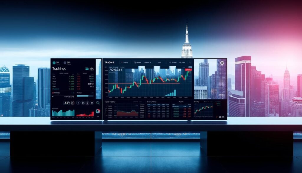 A modern, sleek trading platform interface with a clean, minimal design. In the foreground, a large, high-resolution display showcases real-time stock data, charts, and trading tools. The middle ground features a row of intuitive, customizable widgets and controls, allowing users to seamlessly navigate the platform. The background depicts a sophisticated, futuristic cityscape, with skyscrapers and a vibrant, neon-lit skyline, conveying a sense of technological advancement and financial prowess. The lighting is crisp and directional, creating depth and highlighting the platform's key features. The overall mood is one of efficiency, innovation, and wealth management.