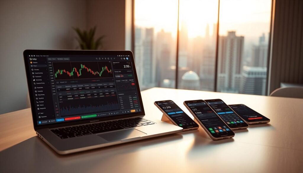 A modern, sleek trading platform with a clean, minimalist user interface. The foreground features a laptop screen displaying real-time market data, stock charts, and trading tools. The middle ground showcases various mobile devices, each with a financial app open, allowing for seamless trading on the go. In the background, a minimalist office setting with a large window overlooking a vibrant cityscape, bathed in warm, natural lighting. The overall atmosphere conveys a sense of efficiency, technology, and the thrill of active investing. Captured with a wide-angle lens to emphasize the dynamic and immersive nature of the trading experience.