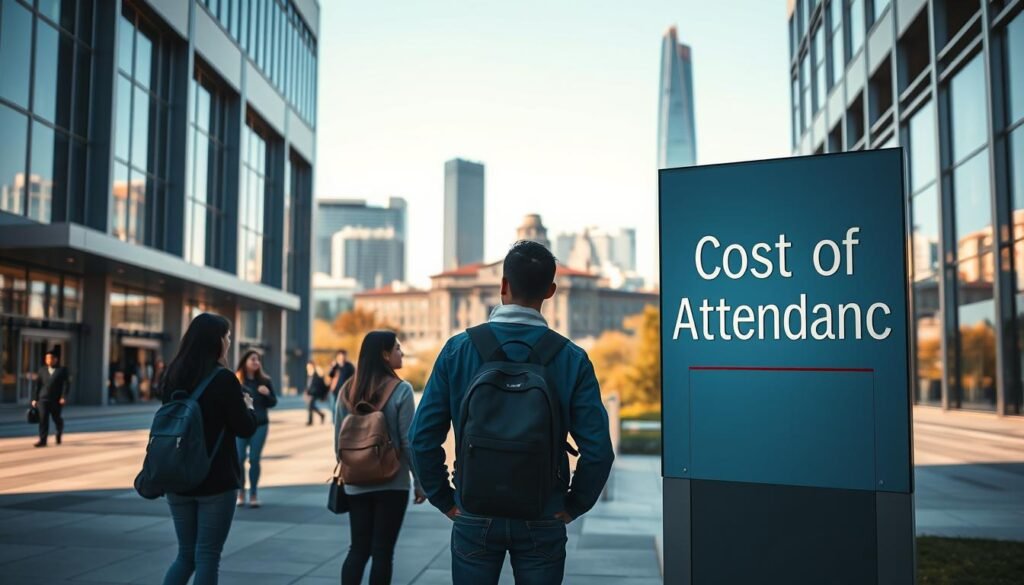 A modern, sleek university campus scene with a prominent signage displaying the "Cost of Attendance" in bold text. The foreground features a group of international students standing outside the campus building, engaged in conversation and appearing contemplative. The middle ground showcases the striking architecture of the university, with a mix of contemporary and traditional styles. The background depicts a vibrant cityscape, hinting at the bustling urban environment surrounding the institution. The lighting is crisp and natural, casting warm shadows and highlighting the dynamic interplay of the various elements. The overall tone conveys a sense of exploration, potential, and the financial considerations faced by international students pursuing their education in Canada.