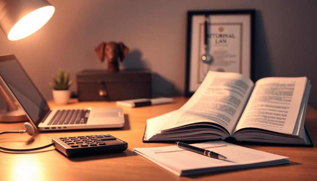 A modern student desk with a laptop, open textbook, and a calculator, illuminated by a warm desk lamp. In the foreground, a stack of papers and a pen symbolize the application process. In the background, a diploma frame and stethoscope hint at the aspirations of a future veterinary student overcoming financial obstacles. The lighting creates a contemplative, focused atmosphere, conveying the determination and diligence required to navigate the student loan application journey.