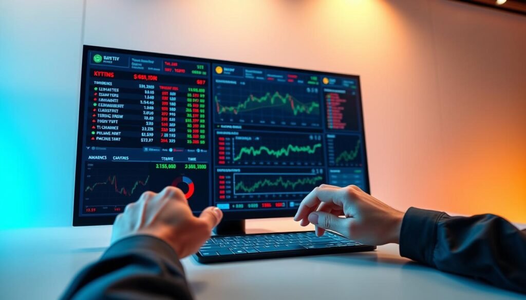 A modern trading terminal set against a sleek, minimalist backdrop. In the foreground, a user's hands manipulate a touchscreen interface, executing trades with effortless precision. The middle ground features a large display panel showcasing real-time market data, stock tickers, and analytical charts. The background is bathed in a warm, ambient lighting, creating a sense of focus and professionalism. The overall scene conveys the efficiency, convenience, and empowerment of zero-commission trading, a critical tool for Canadian investors seeking to maximize their returns.
