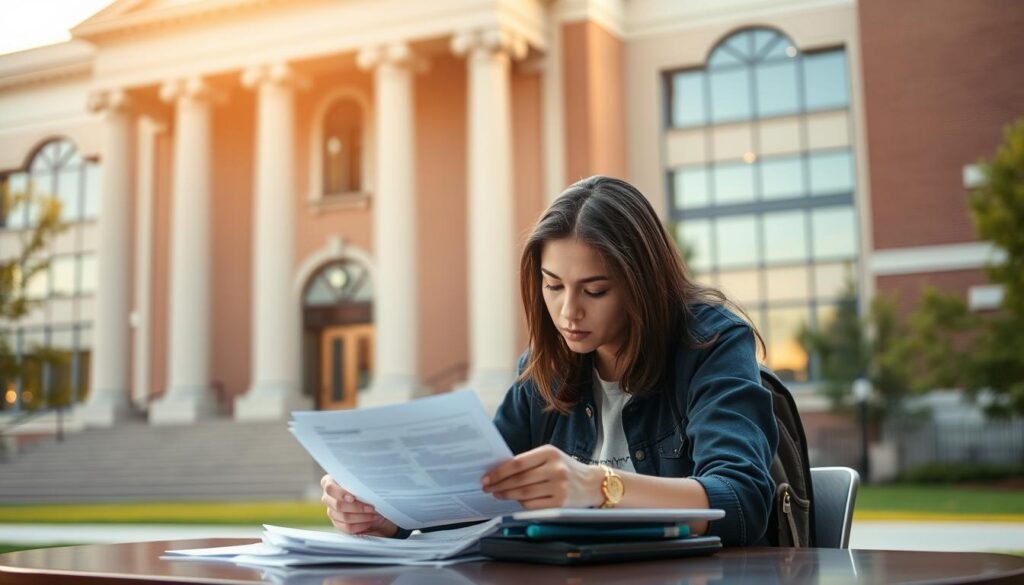 A modern university campus building, its facade adorned with columns and arched windows, stands in the background. In the foreground, a student sits at a desk, intently studying loan documents and financial aid forms, a contemplative expression on their face. Soft, warm lighting filters through the windows, casting a comforting glow on the scene. The atmosphere is one of determination and focused concentration, reflecting the student's commitment to navigating the complexities of the federal student loan system and the NSLSC's support. The image captures the essence of the "Federal landscape today: elimination of interest and how NSLSC supports you" section of the article.