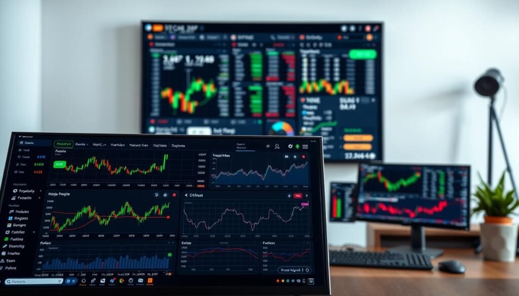 A modern, well-designed trading platform interface with a clean, minimalist aesthetic. In the foreground, a user's dashboard displays real-time stock prices, trading charts, and research tools. The middle ground features analytical graphs, financial data visualizations, and customizable widgets. In the background, a large monitor showcases detailed market insights and news updates. Soft, directional lighting creates a focused, professional atmosphere. The composition emphasizes functionality, usability, and a streamlined user experience tailored for beginner investors.