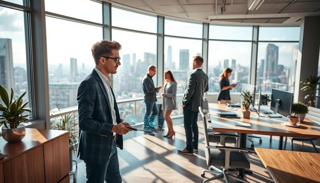 A modern, well-equipped office in 2026, flooded with natural light from large windows. In the foreground, a young professional in a smart casual outfit works intently on a sleek, holographic computer display. Holograms and AR overlays seamlessly integrated into the workspace, enabling efficient collaboration. In the middle ground, colleagues discuss ideas, some using voice commands to manipulate 3D models. The atmosphere is vibrant, with an air of innovation and possibility. The background reveals a dynamic cityscape, skyscrapers piercing the sky, suggesting a thriving, tech-driven future. A sense of energy, productivity, and opportunity pervades the scene, capturing the essence of an internship in 2026.